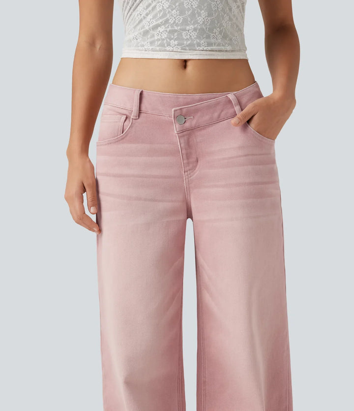Låg midja asymmetrisk vida ben färgstark vardagsjeans med fickor