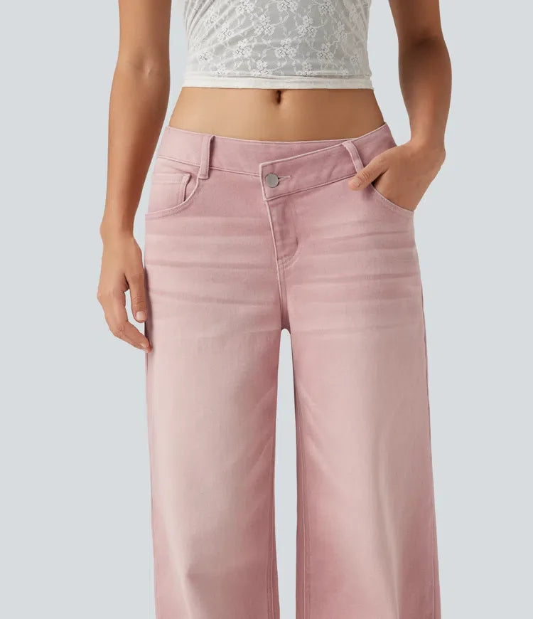 Med låg midja asymmetrisk vida ben färgglad vardagsjeans med fickor