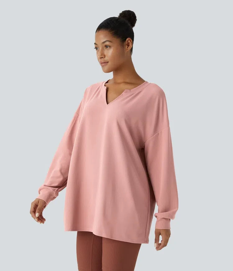 V-ringad nedhasad axel avslappnad våffelstruktur vardaglig sweatshirt