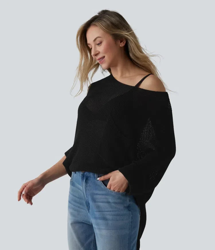 Enaxlad halvlång ärm slits fåll oversized vardaglig tröja med ficka