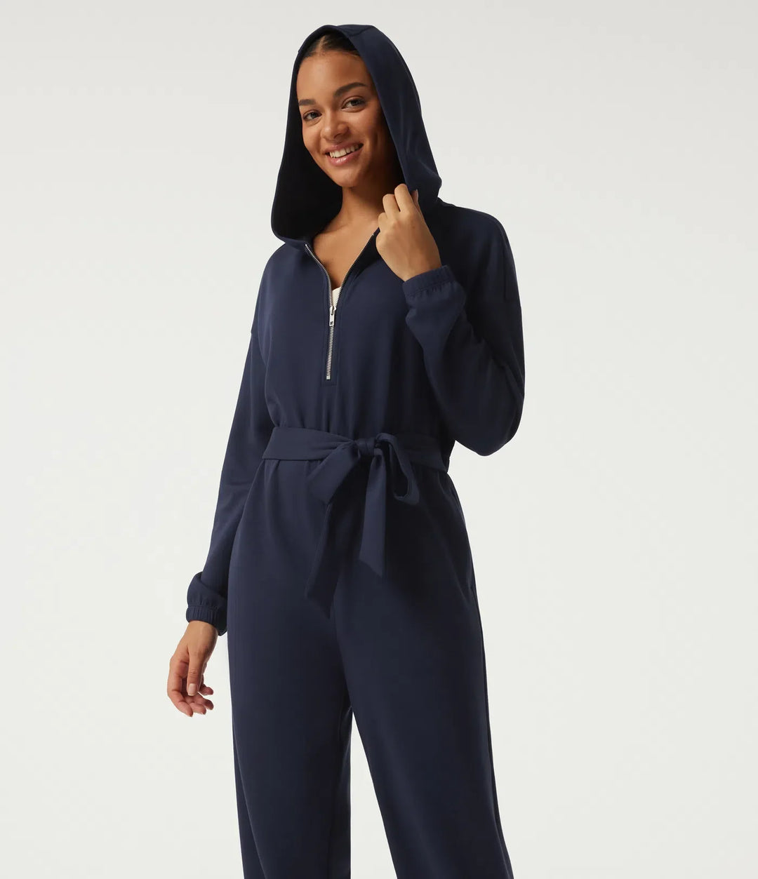 Med huva nedhasad långärmad halv dragkedja knytning fram vardaglig jogger jumpsuit med fickor-Easy Peezy Edition