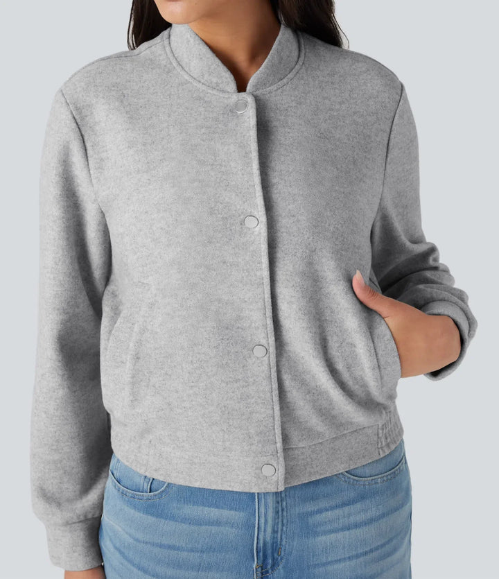 Ståkrage långärmad fleece vardaglig bomber jacka med fickor
