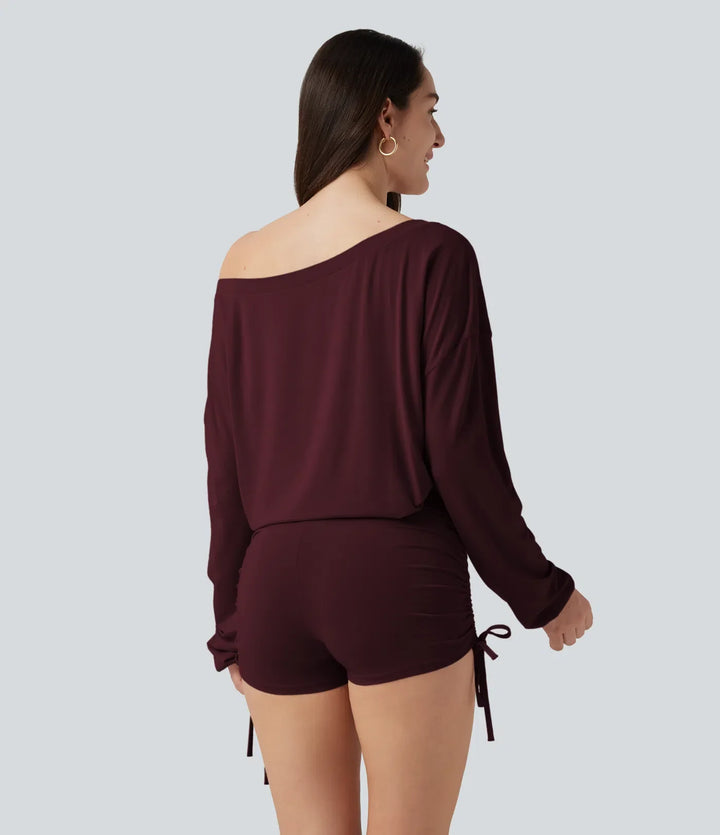 Långärmad rynkat spets upp lounge playsuit -Easy Peezy Edition