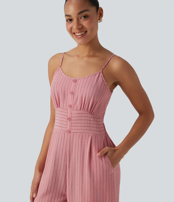 Knytning i ryggen skuren-ut randig linnekänsla slip jumpsuit med fickor