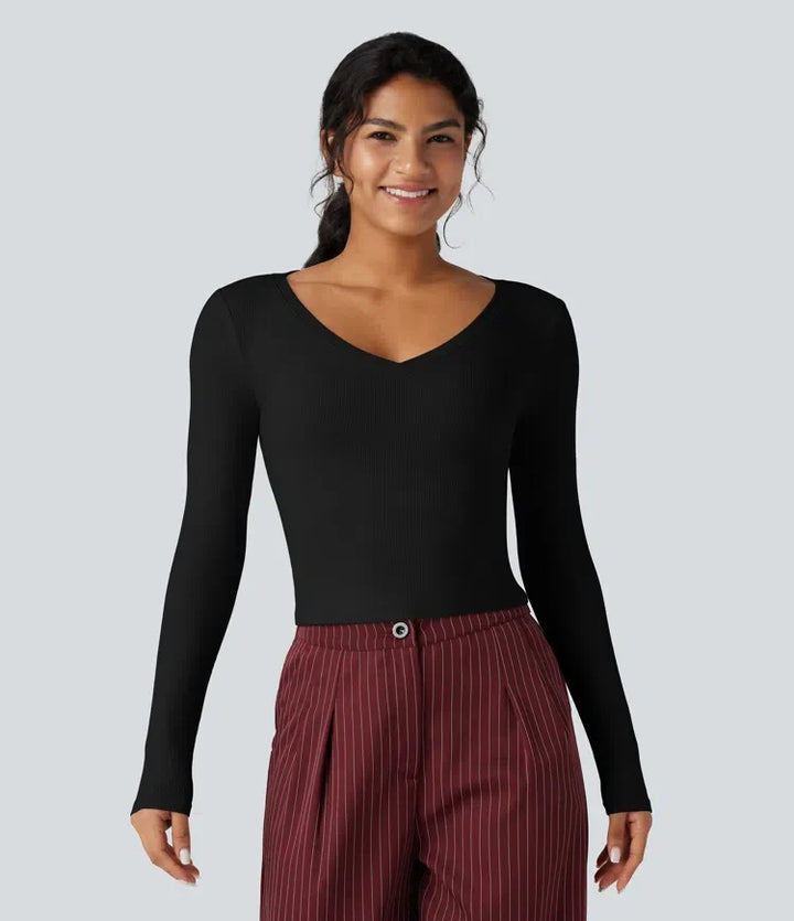 Ribbstickad V-ringad långärmad croppad T-shirt för arbete