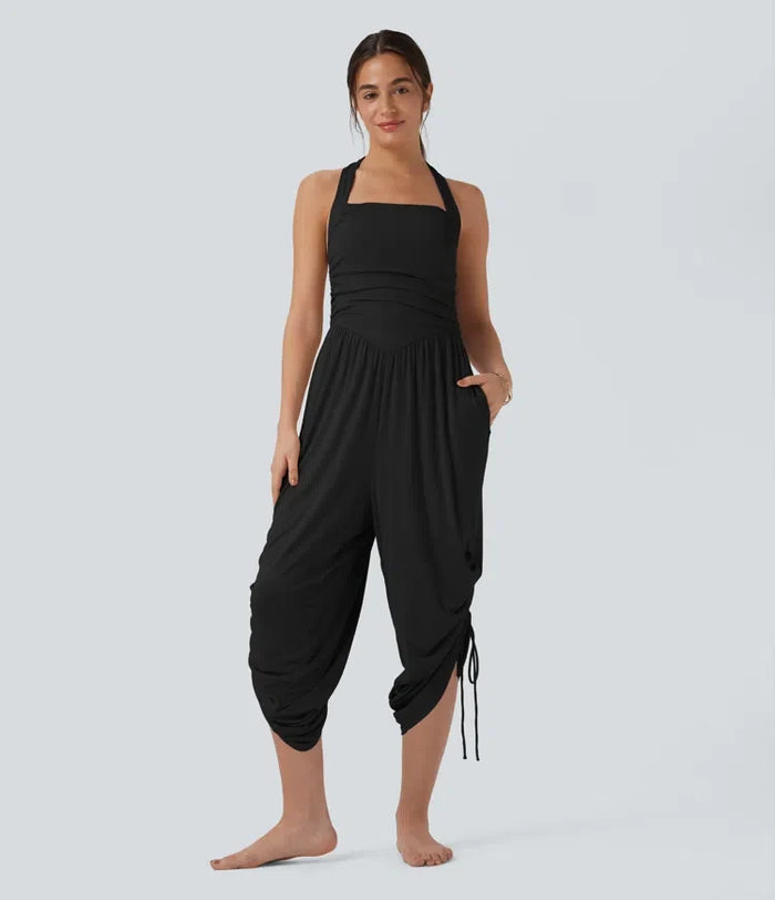 Ribbad halterneck knytning i ryggen dragsko resortjumpsuit med fickor