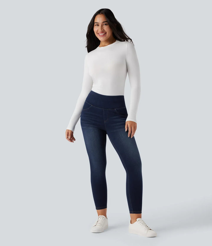 Halara Flex med hög midja och magkontroll rumplyftande denim vardagsleggings med fickor