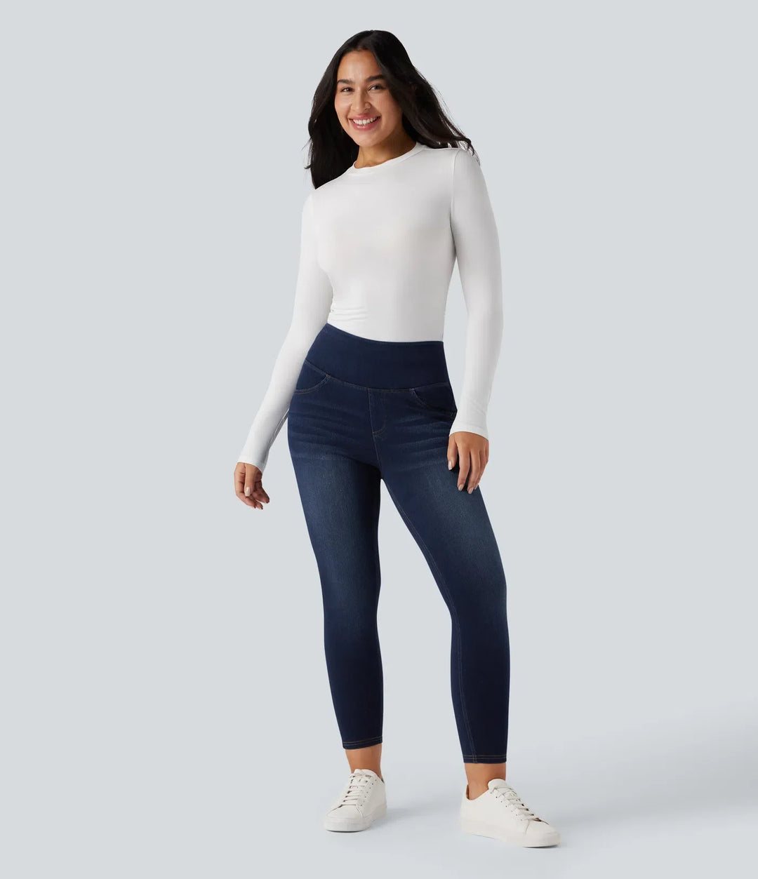 Lyckera Flex högmidjad magkontroll rumplyftande denim vardagsleggings med fickor