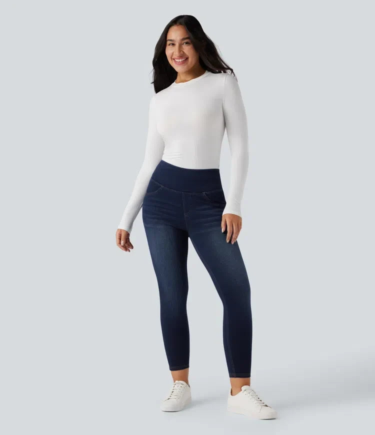 Halara Flex med hög midja och magkontroll rumplyftande denim vardagsleggings med fickor