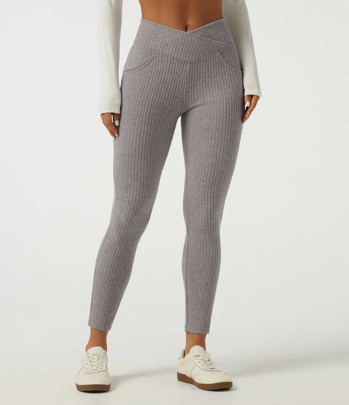 Ribbstickad crossover högmidjad skinny vardagsleggings med fickor