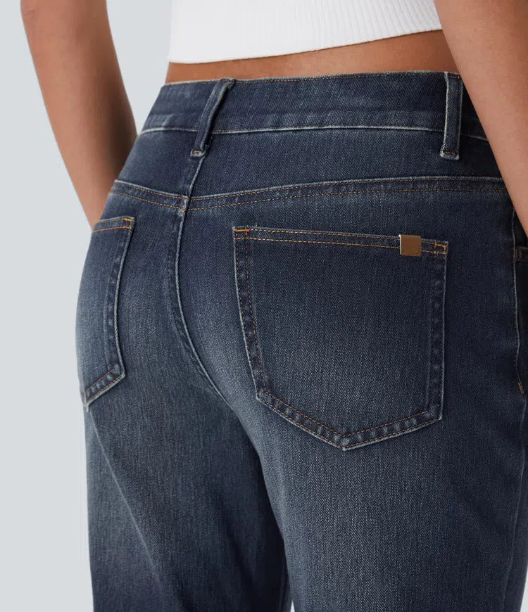 Halara Flex med låg midja dragkedja fickor tvättad för vardag bootcut jeans