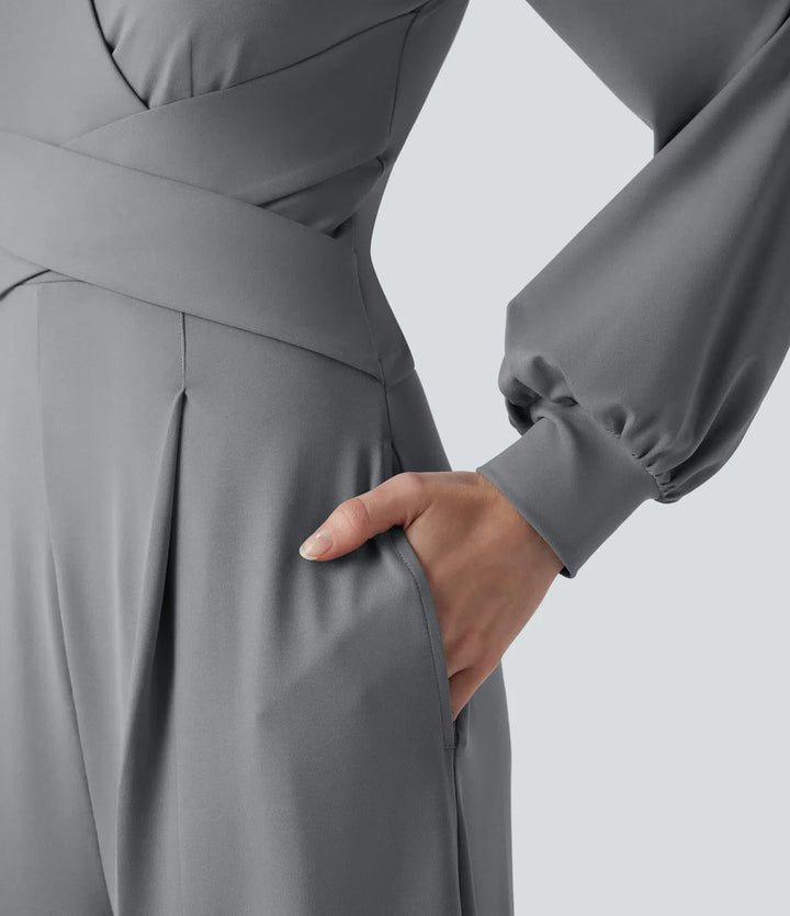 V-ringad lång puffärm crossover arbetsjumpsuit med fickor-Easy Peezy
