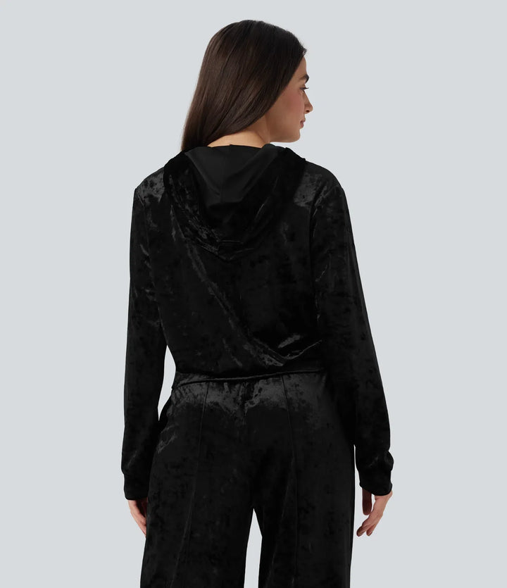 Sammet med huva dragkedjegylf långärmad vardaglig sweatshirt med fickor