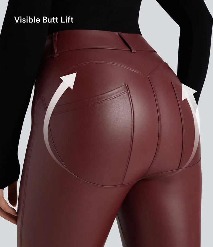 Med hög midja stretchig PU fleece vardagsleggings med fickor