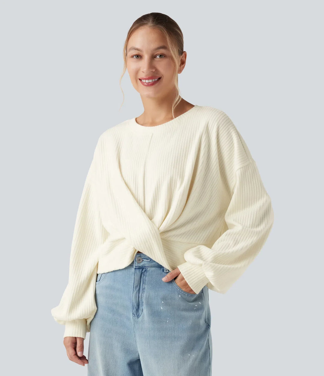 Ribbstickad rund hals långärmad vriden fåll vardaglig sweatshirt