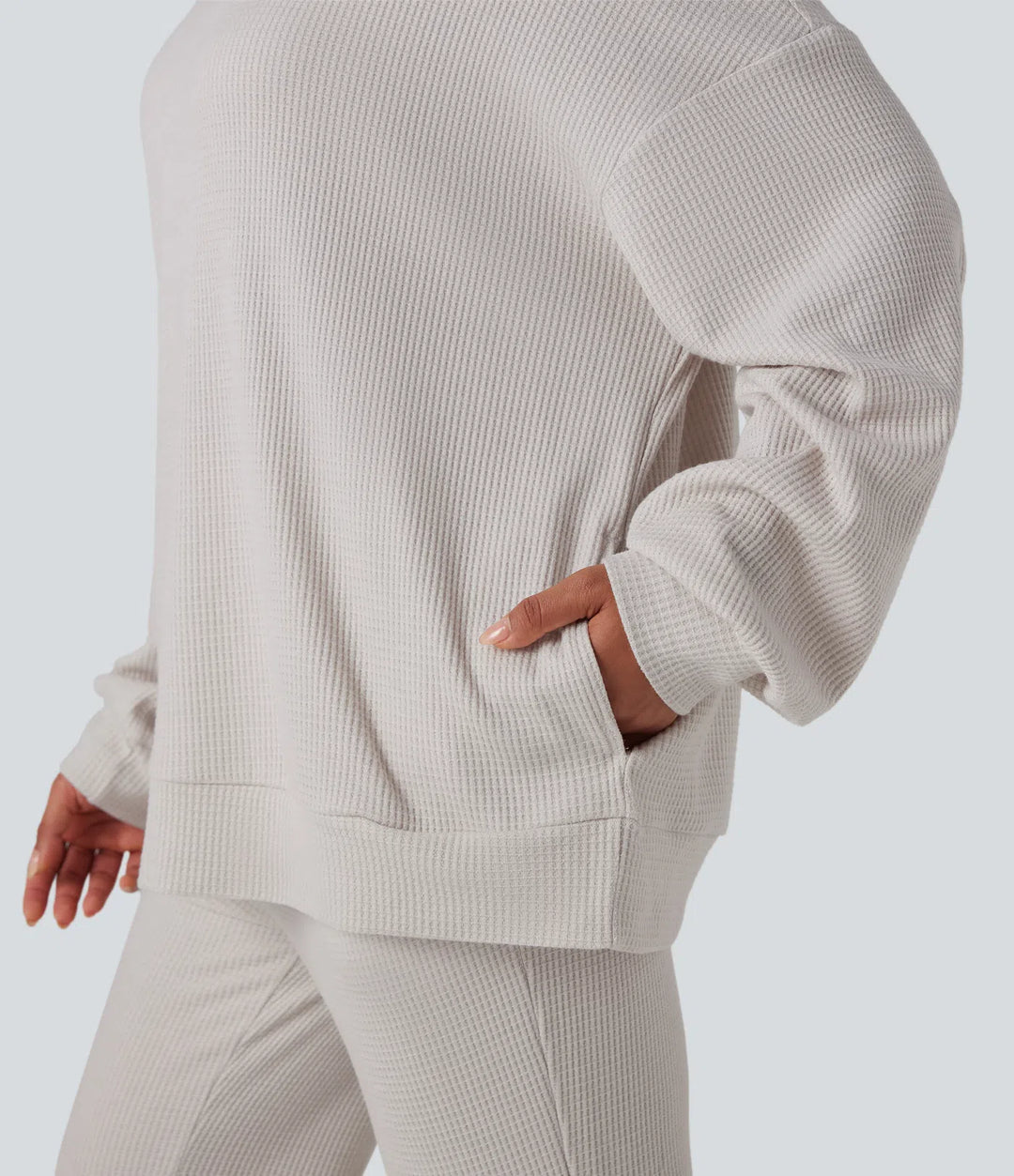 Halvpolo långärmad avslappnad våffelstruktur vardaglig sweatshirt med fickor