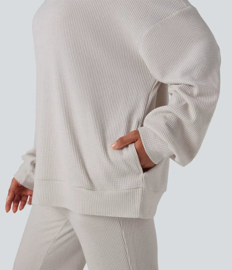Halvpolo långärmad avslappnad våffelstruktur vardaglig sweatshirt med fickor