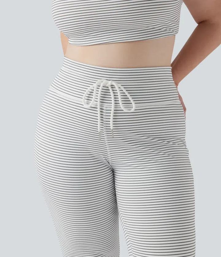 Med hög midja dragsko rand utsvängd yoga byxor i plusstorlek med fickor