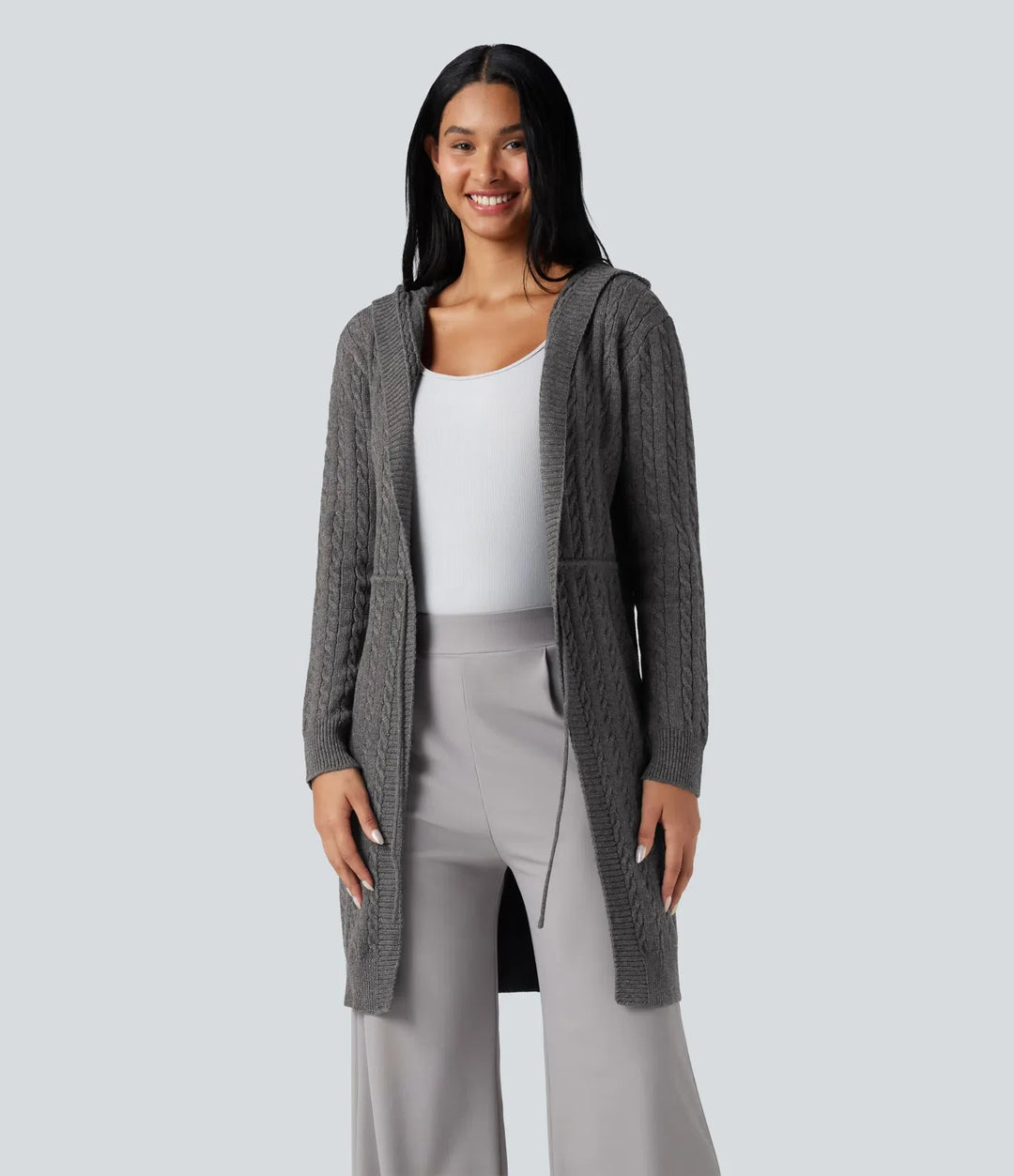 Med huva långärmad dragsko vardaglig lång modell cardigan