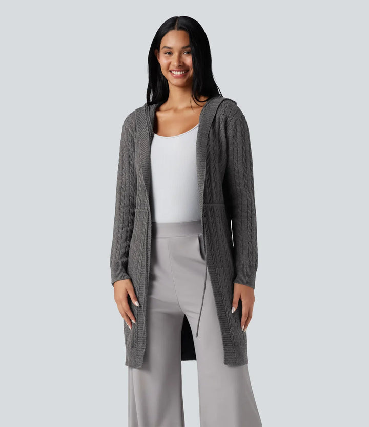 Med huva långärmad dragsko vardaglig lång modell cardigan