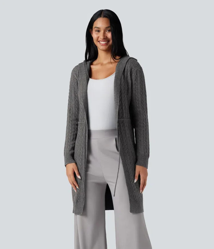 Med huva långärmad dragsko vardaglig lång modell cardigan