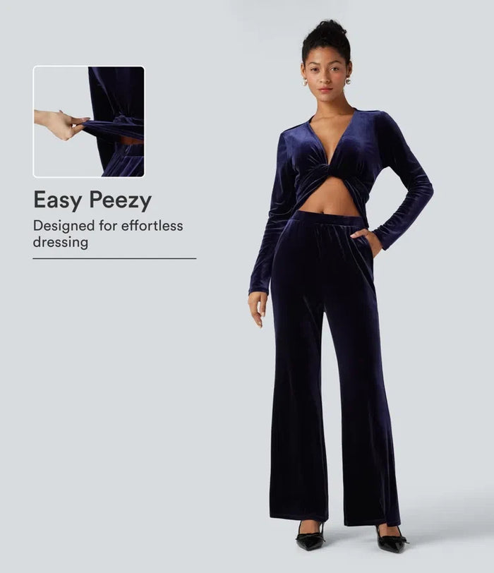 Djup V-ringning långärmad vriden knytning i ryggen sammet fest jumpsuit med fickor-Easy Peezy