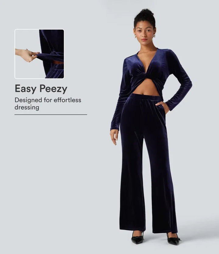 Djup V-ringning långärmad vriden knytning i ryggen sammet fest jumpsuit med fickor-Easy Peezy