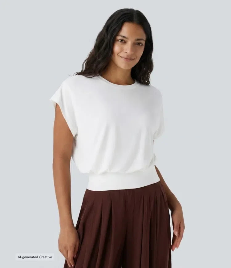 Rund halsringning kort fladdermus ärm T-shirt för arbete