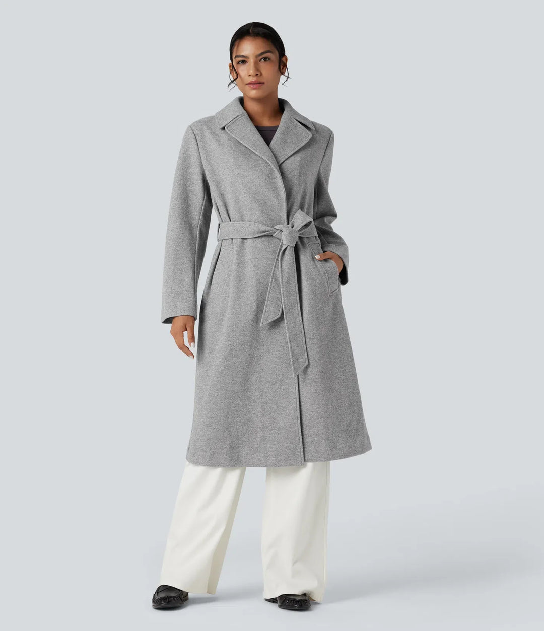 Långärmad bältad lång modell fleece vardaglig kappa med fickor