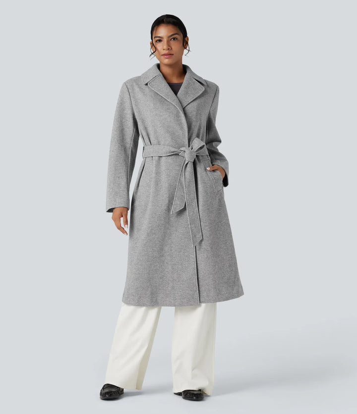 Långärmad bältad lång modell fleece vardaglig kappa med fickor
