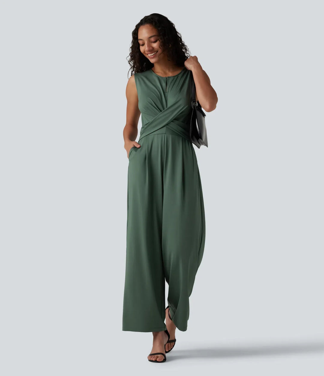 Rund hals ärmlös crossover Waist arbete raka ben jumpsuit med fickor-Easy Peezy