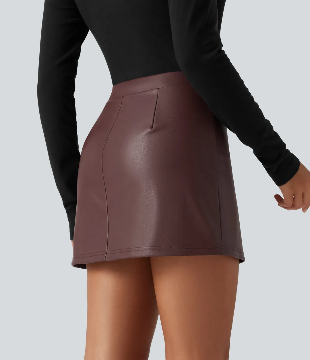 Högmidjad 2-i-1 mini fleece vardaglig PU-läder kjol