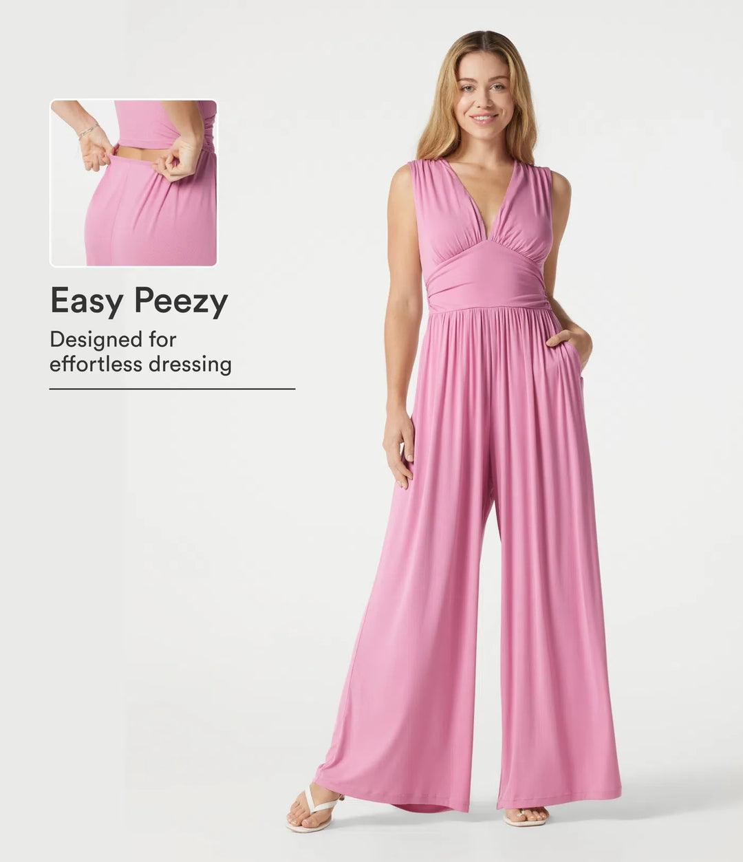 Ribbad V-ringad ärmlös rynkat inbyggd BH vardaglig jumpsuit med fickor-Easy Peezy Edition