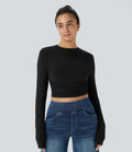 Rund hals långärmad rynkat skinny croppad vardagstopp
