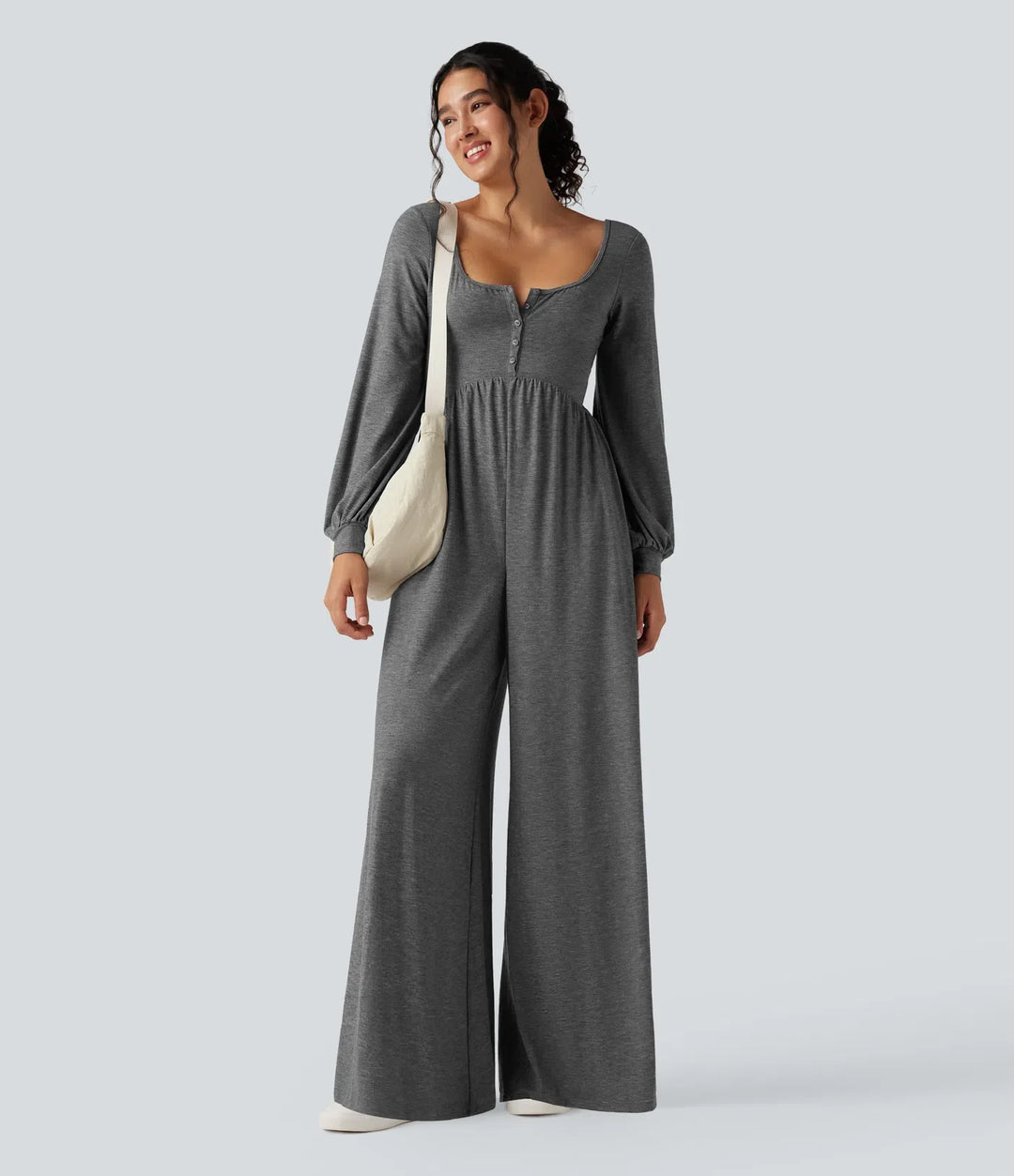 Djup rund halsringning rygglös långärmad melerad vardaglig vida ben jumpsuit med fickor-Easy Peezy