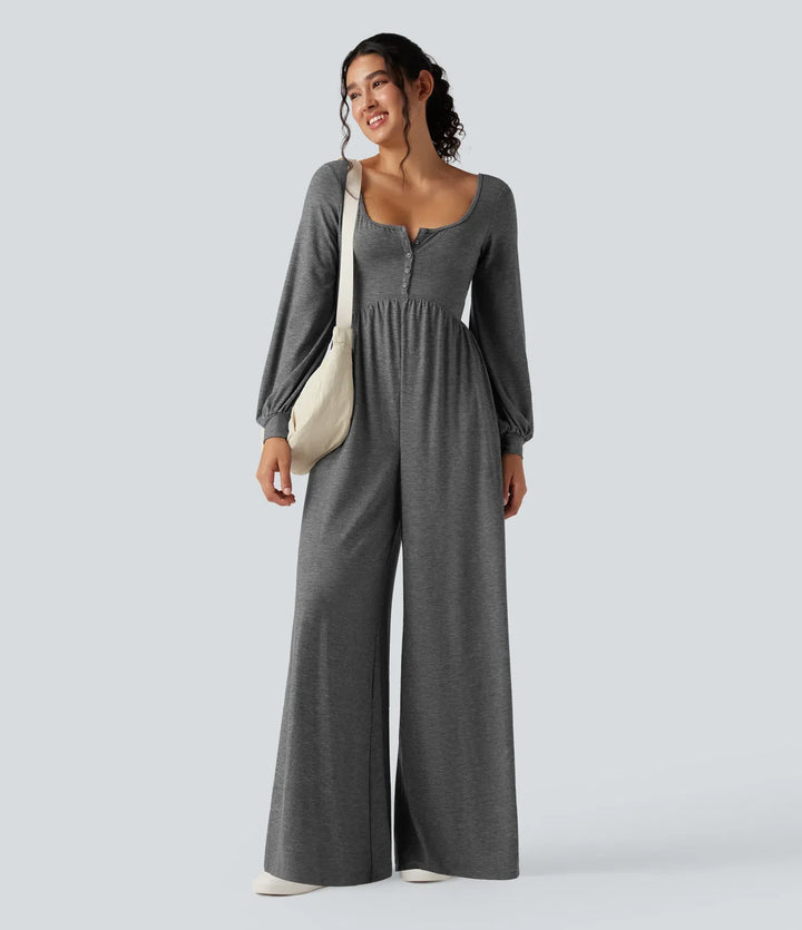 Djup rund halsringning rygglös långärmad melerad vardaglig vida ben jumpsuit med fickor-Easy Peezy