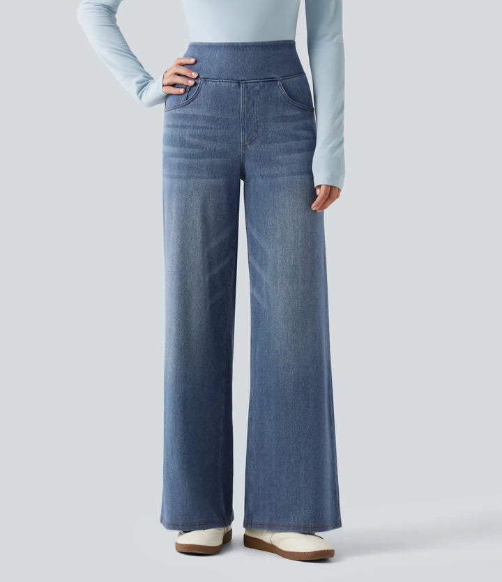 Lyckera Flex denim Heat högmidjad vida ben vardagsjeans med fickor