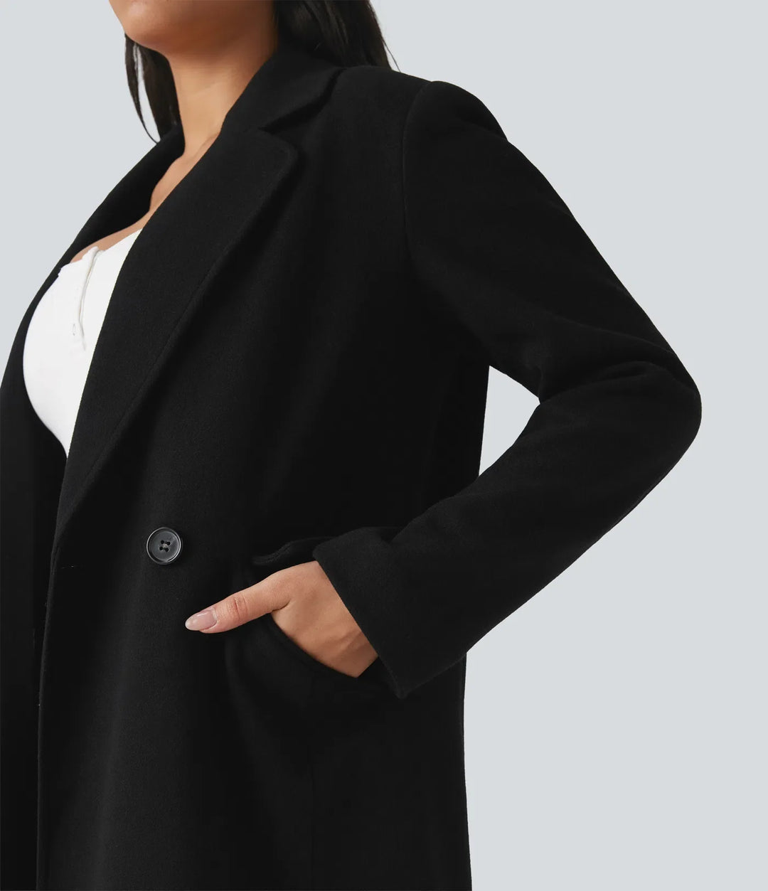 Notchkrage långärmad lång modell fleece vardaglig kappa med fickor