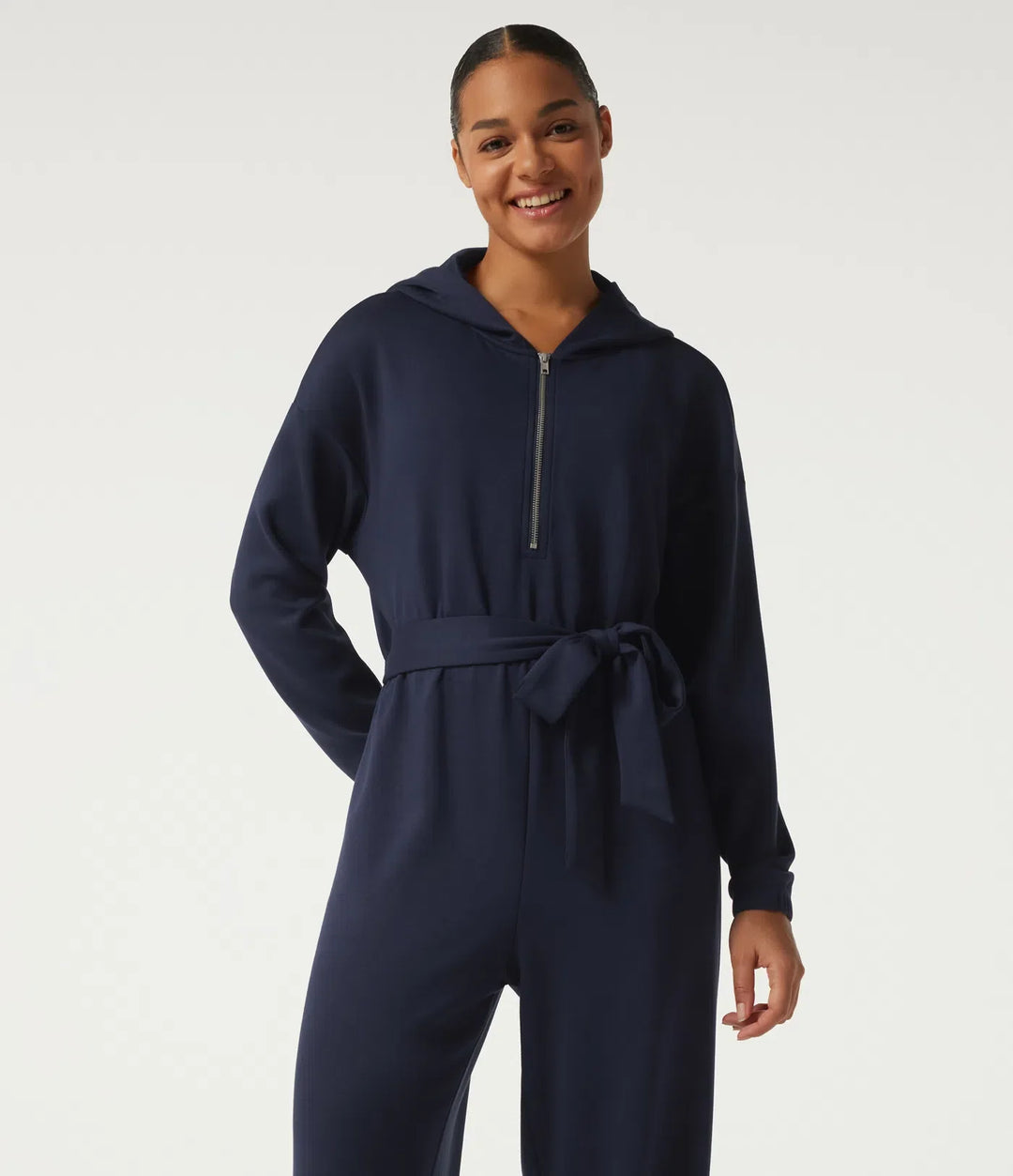 Med huva nedhasad långärmad halv dragkedja knytning fram vardaglig jogger jumpsuit med fickor-Easy Peezy Edition