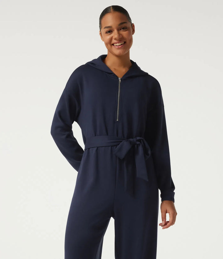 Med huva nedhasad långärmad halv dragkedja knytning fram vardaglig jogger jumpsuit med fickor-Easy Peezy Edition