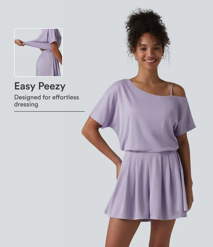 Enaxlad kortärmad plisserad våffelstruktur playsuit för vardag med fickor – Easy Peezy-utgåva