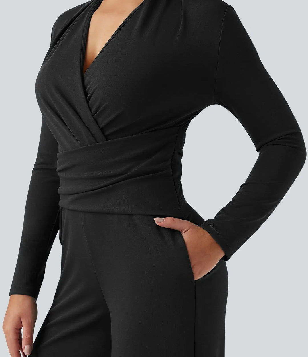 V-ringad dragkedja långärmad arbetsjumpsuit med fickor-Easy Peezy
