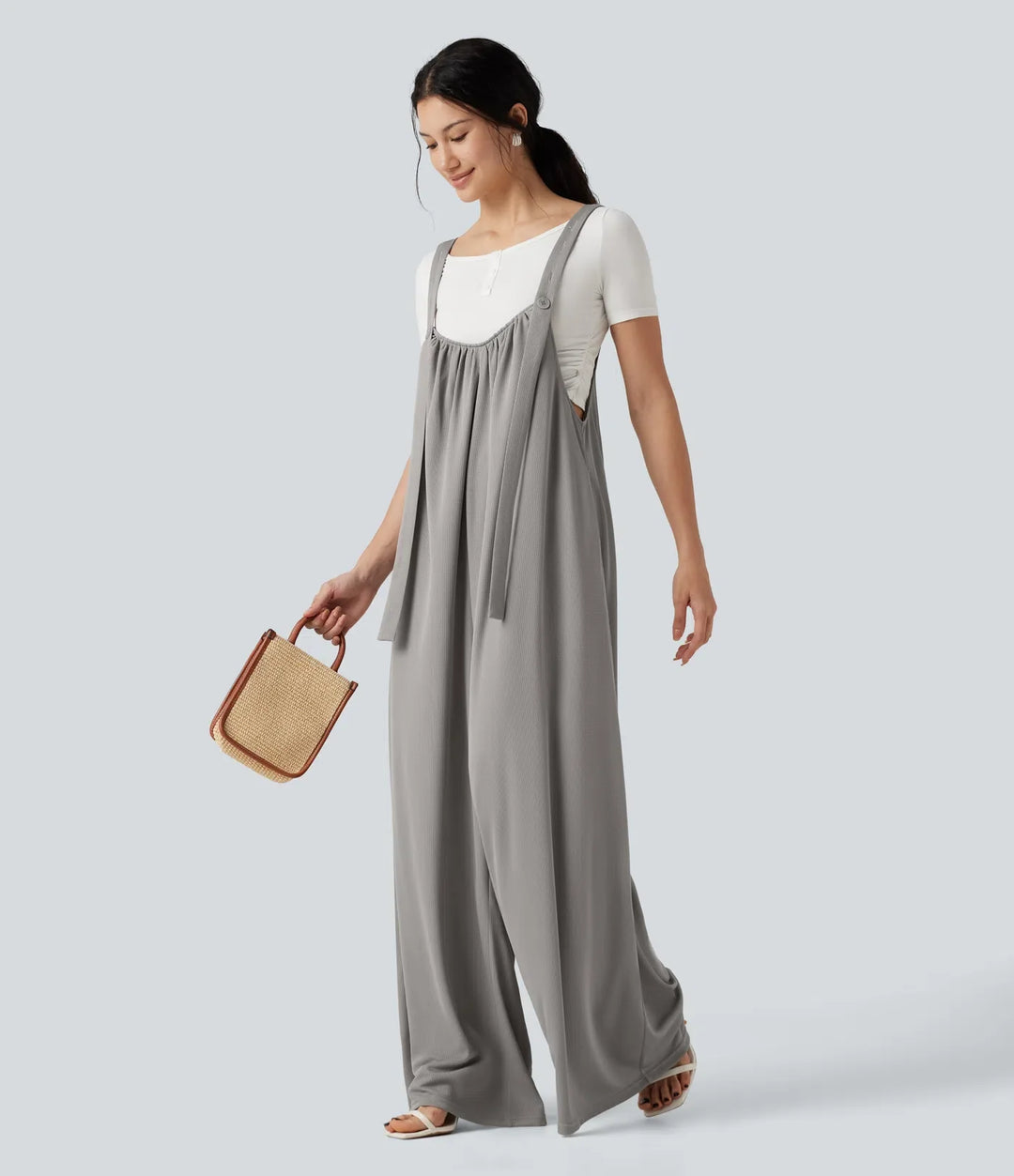 Justerbara axelband våffelstruktur vardaglig fallande baggy jumpsuit med fickor