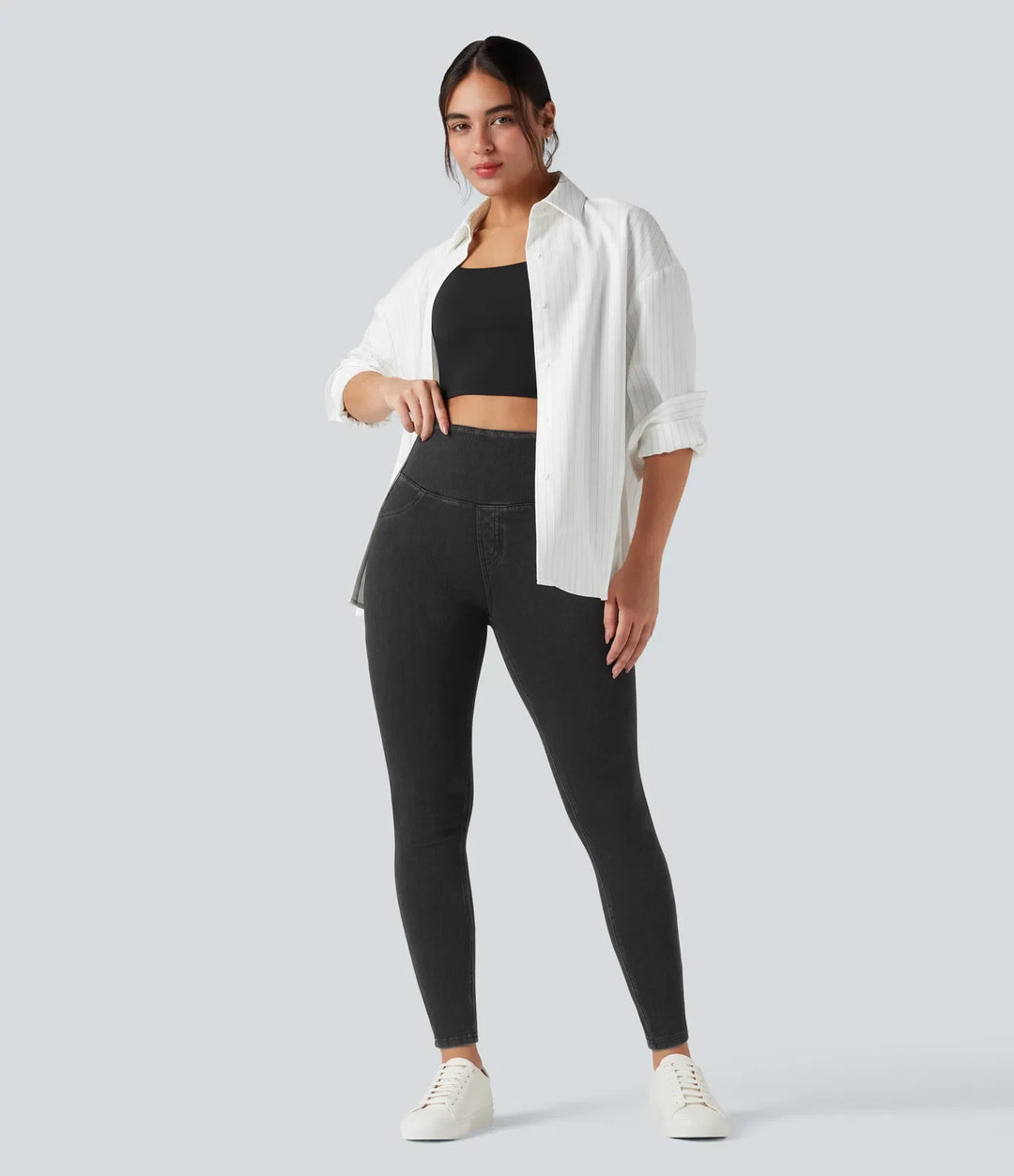 Halara Flex med hög midja och magkontroll denim vardagsleggings med fickor
