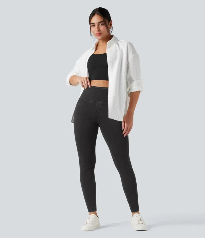 Halara Flex med hög midja och magkontroll denim vardagsleggings med fickor