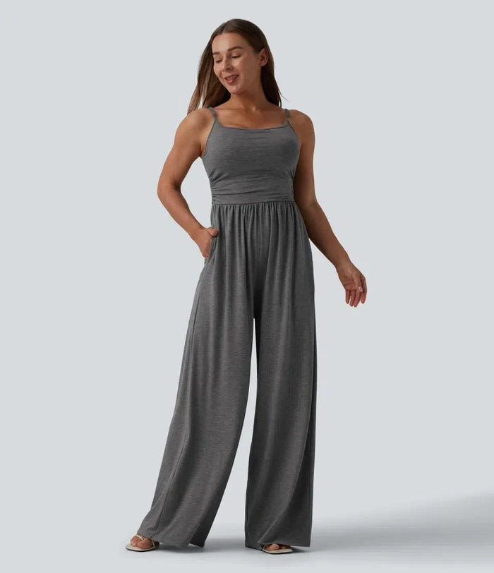 Justerbara axelband rynklad vida ben melerad jumpsuit för vardag med fickor – Easy Peezy
