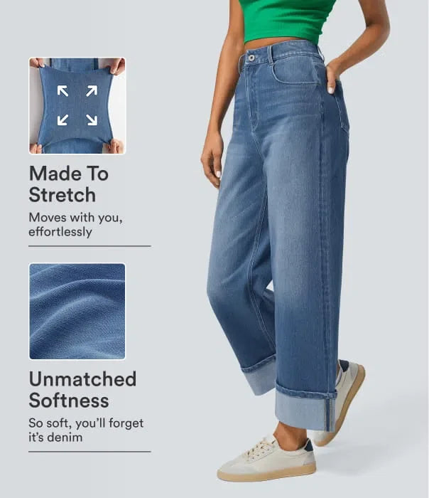 Lyckera Flex högmidjad fickor upprullad fåll vida ben tvättad vardagsjeans