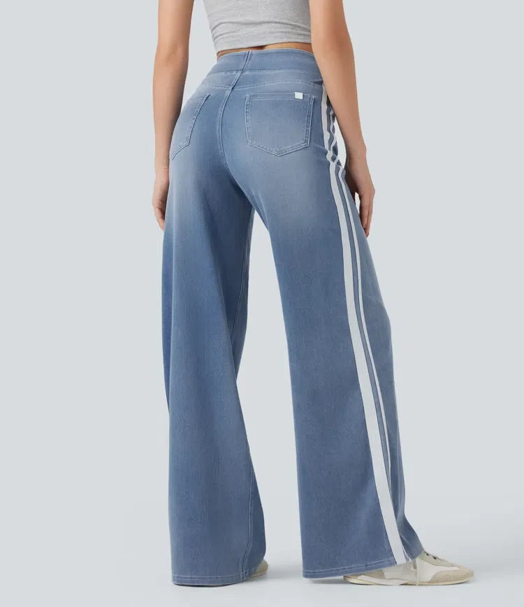 Lyckera Flex högmidjad randig vida ben fallande tvättad vardagsjeans med fickor
