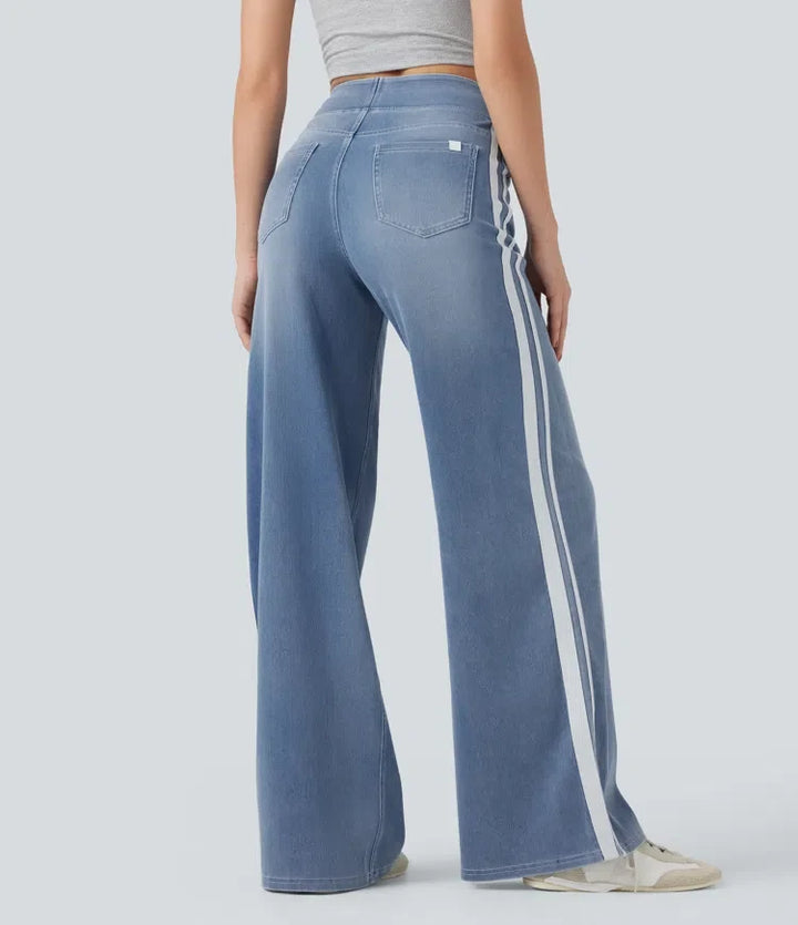Lyckera Flex högmidjad randig vida ben fallande tvättad vardagsjeans med fickor