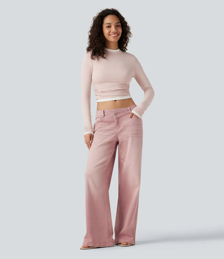 Med låg midja asymmetrisk vida ben färgglad vardagsjeans med fickor